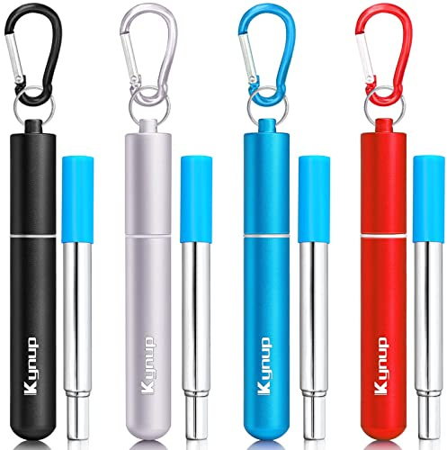 Kynup Cannucce Riutilizzabili in Acciaio Inox 4 Pezzi, Cannucce Telescopiche Portatili con Custodia, Include Portachiavi & Spazzole per La Pulizia, 12cm-24cm, Nero/Argento/Blu/Rosso