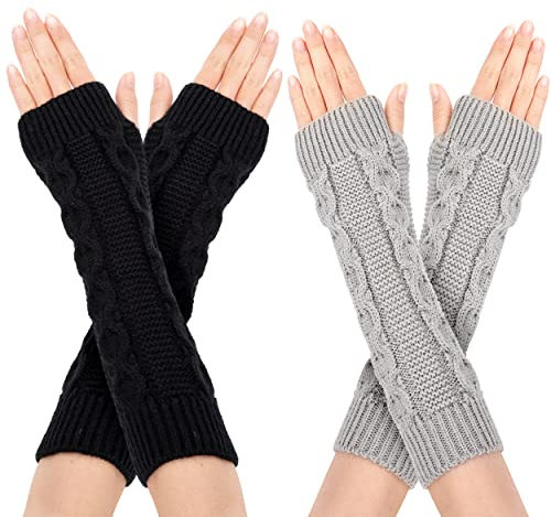Newellsail Armstulpen Damen Fingerlose Handschuhe Armwärmer Winter Stricken Wärmer Lange Handschuh Daumenloch Fäustling 2 Paar (Schwarz und Grau)