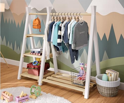 Bellabino Ryck Kleiderstange für Kinder – Kleiderständer aus Massivholz Natur/Weiß mit 4 Ablageflächen – Montessori Kindergarderobe für Jungen & Mädchen – Garderobe mit Schuhablage für Kinderzimmer
