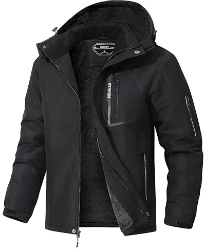 UTWGN Skidjacka för män, vinter, varm, snögubbe, vattentät, vindjacka, huva, arbete, ytterkläder, snowboardjackor, svart, S