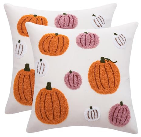 Tosleo Housse de Coussin Halloween 40 x 40 cm Tufté de Citrouille Brodé Rose Orange Taies d'oreiller pour Canapé Salon Maison Extérieur Thanksgiving Fête Décoration 2 Pièces