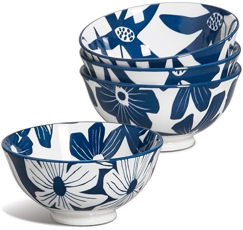 ONEMORE Lot de 4 bols à soupe en céramique pour dessert, crème glacée, fruits, résistants aux rayures, passent au micro-ondes, lave-vaisselle et four, bleu