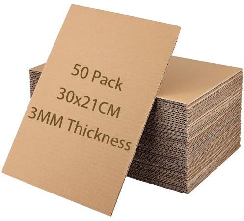 TAICHEUT 50PCS A4 Cardboard Sheets, 30 x 21 x 0.3 cm Rectangular 3 Layer Thick Corrugated Brown Inserts Packing Cardboard Sheets for Mailing, Packaging