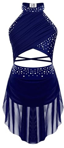 dPois Robe Danse Col halter ballet Sans Manches paillettes en strass brillante Tenue danse lyrique fille 5-16 Ans Bleu marine 11-12 ans
