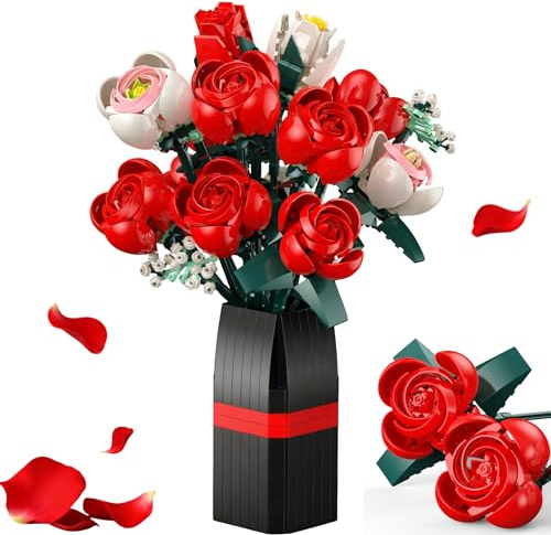 Booyuer Construction de Fleurs de Roses, 841 PCS Kits de Construction de Plantes de Rose Eternelles avec Vase, Cadeaux pour Enfants, Anniversaire, Adultes, Saint-Valentin, Fête des Mères