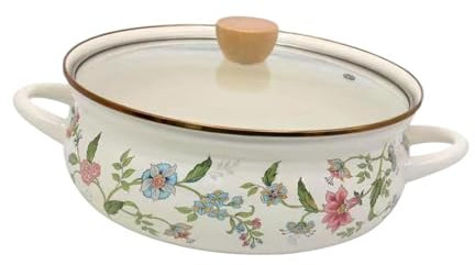 Fenteer Emaille Pot mit Deckel Kochtopf, Vintage, Kochgeschirr, Doppel Griff Retro für Lebensmittel Nudeln Kochen für Induktion skocher Gas, Blumen