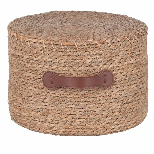 Villa d'Este Home Tivoli 1996 Pouf Rond en Fibre Naturelle 30 x H 20 cm, poignée en polyuréthane, Natural