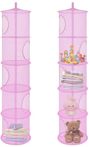 Lot de 2 organiseurs de rangement suspendus pliables à 5 compartiments en maille filet - Sac de rangement suspendu pour doudous - Pour chambre d'enfant, balcon - Rose