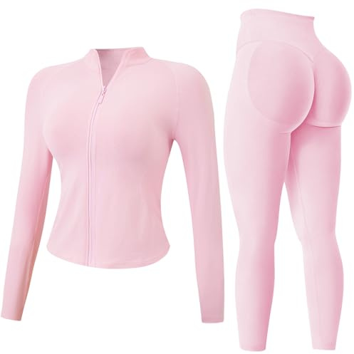 JN JANPRINT Set da 2 pezzi da donna per palestra, tuta da ginnastica, tuta da yoga, a manica lunga, abbigliamento sportivo, top con zip, leggings da allenamento, abbigliamento fitness, rosa, XS