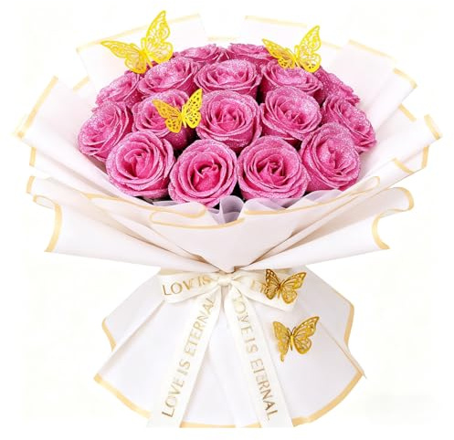 LCUHAVA 30 Rosas con Purpurina, Rosas Artificiales, Ramo Endurecido, Con Decoración de Mariposas y Cinta, Flores Artificiales Como Reales, para Bodas DIY, Día de San Valentín, Día de la Madre