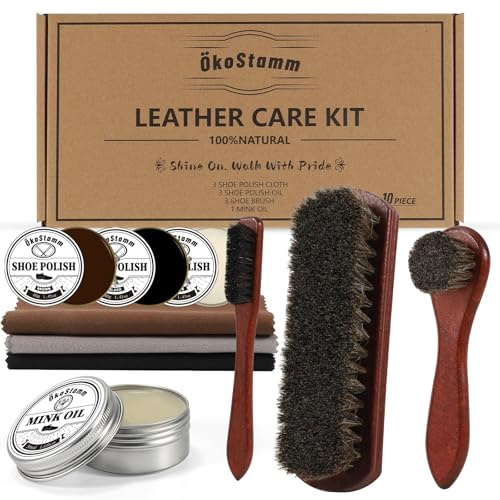 ÖkoStamm 10 Pcs Shoe Polish Kit - Horsehair Brush for Leather Shoe Polish, Leather Care Kit with Black Brown White and Mink Oil, 3 Pcs Shine Cloths for Shoe Shine