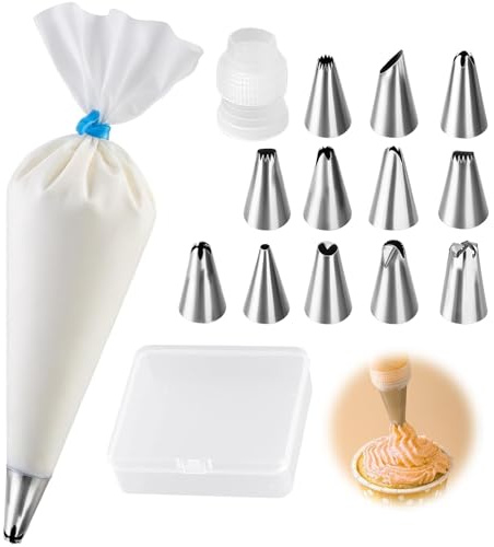 Ailah Set da Pasticceria, sac à Poche Riutilizzabile con 12 Beccucci in Acciaio Inox e Adattatore, Kit Decorazione per Cupcake e Torte, Sacchetto Bianco da 31 cm
