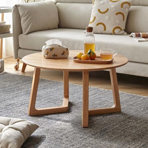 YESWOOD Table Basse Ronde en Chêne Massif, 75 x 75 x 40 cm, Naturel | Design Moderne, Pied Incliné, Pour Salon
