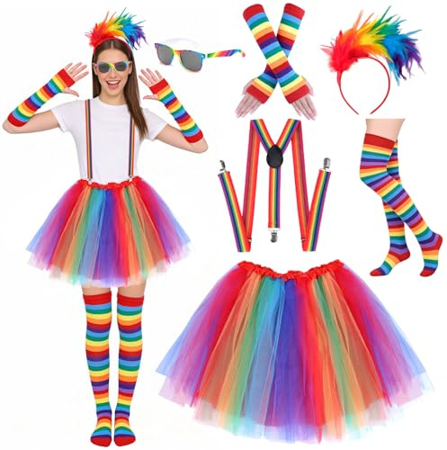 Kkluno Costume de carnaval arc-en-ciel pour femme avec jupe en tulle arc-en-ciel, bandeaux, bretelles en plumes, chaussettes colorées et gants, tenue des années 50 pour carnaval, fêtes vintage