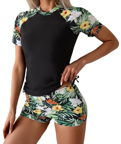 Generisch Traje de baño de dos piezas, pantalones cortos de baño de talle alto, top de estilo tankini, top de manga larga con protección solar, para surf (Verde, XL)