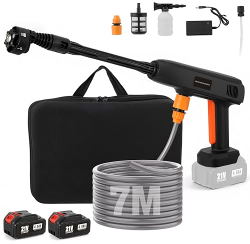 Hidrolimpiadora de Alta Presión a Batería 4000mAh x2, Boquilla 6 en 1, 7 m Longitud de la Manguera, Portátil Pistola de Agua a Presión para Coche, Hogar y Jardín