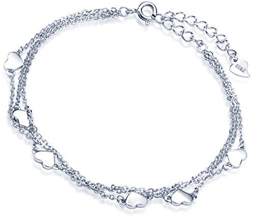 Yumilok 925 Sterling Silber Herzen Charm-Armband Armkette 3 Kettchen Armschmuck für Damen Mädchen, 6.3-7.7 Verstellbar, Silber/Silber vergoldet (Silber)