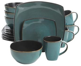 Gibson Elite Gres esmaltado reactivo Cuadrado Vajilla, Turquesa, 4 Servicios (16 Piezas)