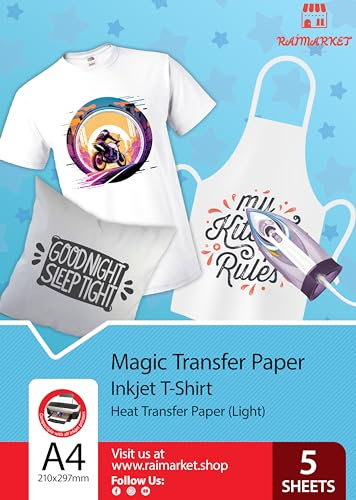 Transferpapier/Bügelpapier/Transferfolie für HELLE Textilien/Stoffe von Raimarket | 5 Blatt | A4 Inkjet Bügeleisen auf Papier/Transferfolie/T-Shirt-Transfers | Textilefolien | DIY Stoffdruck (5)