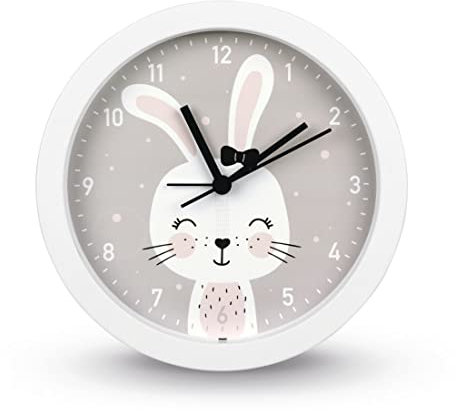 Hama Kinderuhr „Lovely Bunny“ ohne Ticken (Kinderwecker mit Hasenmotiv, analoge Tischuhr, batteriebetrieben, einstellbare Alarmzeit, geräuschlos, ideal auch als Lernuhr, Wanduhr)