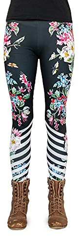 cosey - Bunte Bedruckte Blumen-Leggings (Einheitsgröße) - Design Flowers and Stripes