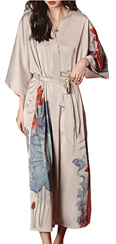 LOCIIXAT Women's Long Satin Kimono Robe Loose Cover-up Flower Print Dressing Gown Silk Sleepwear Bathrobes