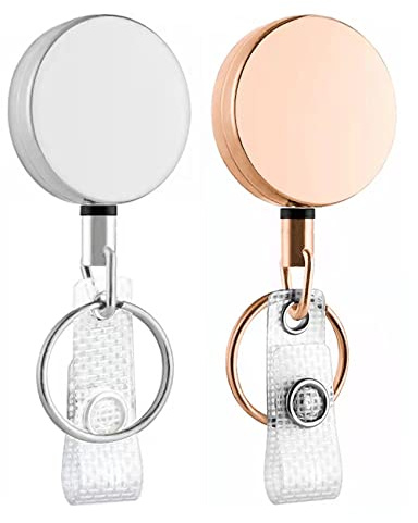 2 Pack Heavy Duty Retractable Badge Reel Metal ID Badge Holder Reel with Belt Clip Key Ring for Name Card Keychain-27.5 Reinforced Steel Wire Cord (Metal 2Pack Silver+Rose Gold)