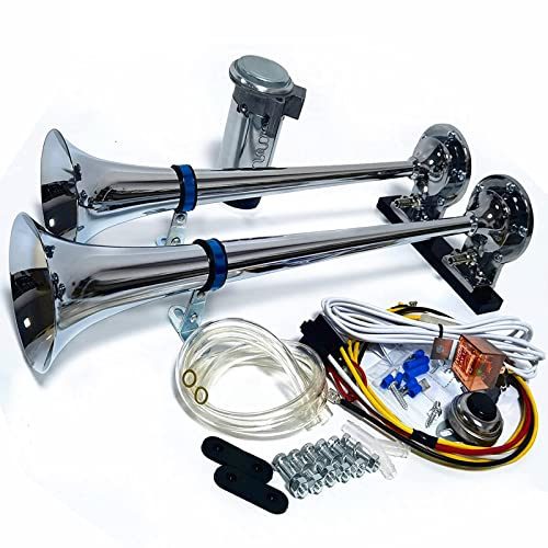 YIYIDA Tromba d'Aria Clacson per Auto 165DB - Clacson per Nave e Camion in Zinco Cromato - Tono Alto e Basso Argento - Doppio Tubo con Compressore per 24V Auto, Yacht e Altro