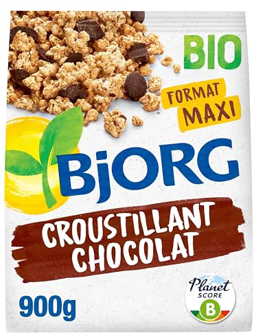 BJORG - Croustillant Chocolat Noir Bio - Recette Réduite En Sucres - Riche En Fibres - Avec des Céréales Complètes - 900g