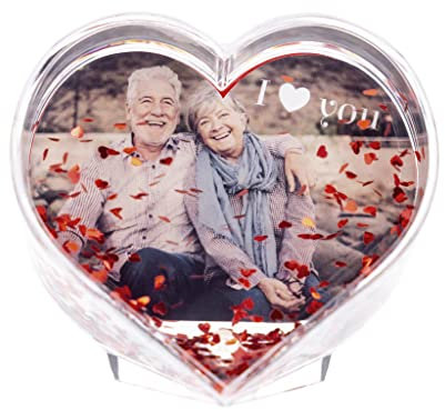 Wanapix | Palla di Neve a Forma di Quore Personalizzata | Foto e Testo | Palla di Neve con Foto e Testo |Con Cuoricini Rosi| San Valentino/Amore/Innamorati | 4,5x9 cm