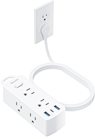 Flat Extension Cord 10ft, Olcorife Flat Plug Power Strip with 6 Outlets 3 USB Ports(1 USB C), 3-Side Outlet Extender Surge Protector for Home Office Dorm Room Essentials, White