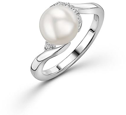 OROVI Damen Ring | 925 Sterling Silber | mit weißer Süßwasser-Zuchtperle von 8mm und 6 Zirkonias | hautfreundlicher Perlen Verlobungsring Silber | nachhaltiger, handgemachter Damen Schmuck