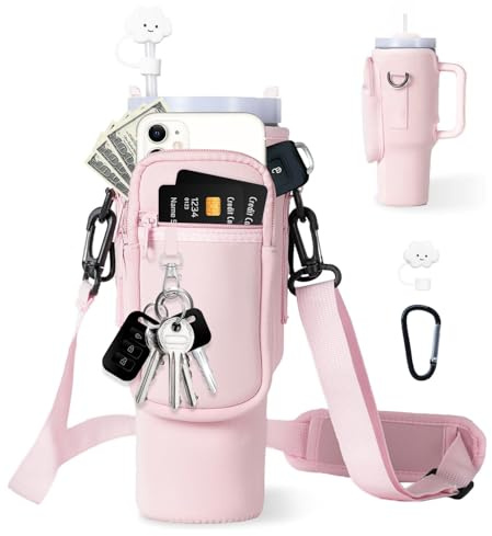 dabria Water Bottle Carrier Bag with Phone Pocket for Stanley 40/30 oz Tumbler Neoprene Water Bottle Holder Pouch with Adjustable Strap Bollus with Straw Cover & Carabiner for Stanley Cup Accessories