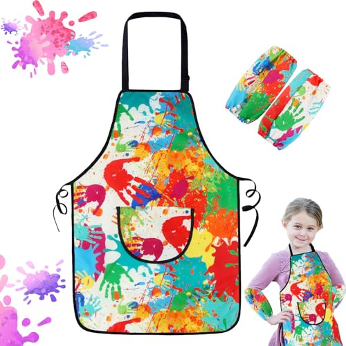 Taozoey Tablier Peinture Enfant, Blouse Peinture Enfant Ensemble 6-12 ans, Blouse Imperméable Réutilisable avec Poche Tablier de Cuisine Réglable pour Peinture, Cuisine, Filles et Garçons