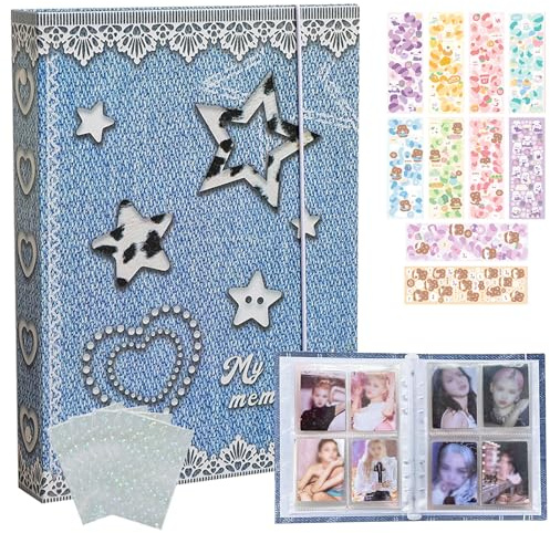 Kpop Photocard Binder with 6 Stickers Sheet & 50 Shinning Protective Sleeves Kpop Photocard Holder Book with Kpop Photocard, A5 Binder Photocard Album 30 Inner Pages with 240 Pockets (Jeans)