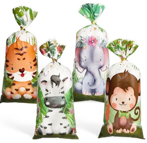 40pz Sacchetti Regalo Compleanno Bambini per Caramelle Regalini Fine Festa, Animali dell Giungla, Bustine Plastica Primo Anno Nascita Battesimo