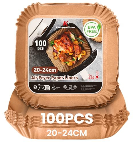 KitchenBoss Papier Cuisson Air Fryer: 100 Pièces Papier Sulfurisé pour Airfryer Carré 20 x 24 cm,Jetable Antiadhésive Papier Cuisson 5-8L Friteuse Sans Huile pour Poêle, Four, Micro-ondes