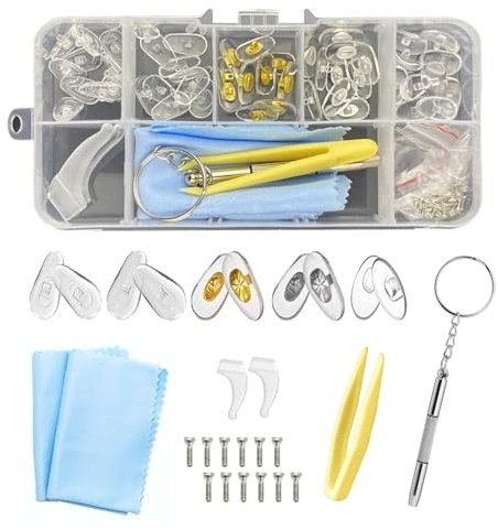 Brillen Reparatur Set, 25 Paar Nasenpads Silikon Schraubbrillen Nasenpads für Schraubbrillen, inklusive Schrauben, Pinzette, 2 Brillenputztücher und Schraubendreher, Universelles Kit