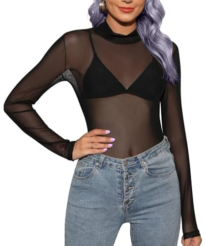 Risipu Blusa de malla para mujer, sexy, de manga larga, transparente, con capas, Negro, S