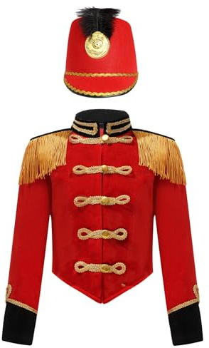 renvena Uniforme da Soldato Giocattolo per Bambini Costume da Schiaccianoci per Ragazzi Giacca da Domatore Circo Cappotto da Showman con Nappa e Cappello Rosso A 7-8 anni