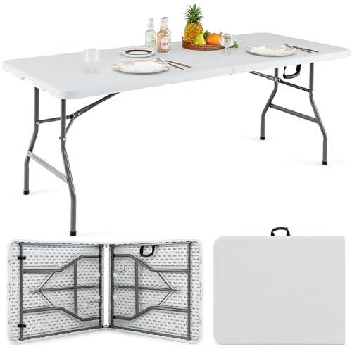 COSTWAY Tavolo da Pranzo Pieghevole 180 cm, Tavolo Campeggio in Plastica con Maniglia, Gambe in Metallo e Piedini Antiscivolo, per Picnic, Campeggio, Giardino, Portata 180 kg