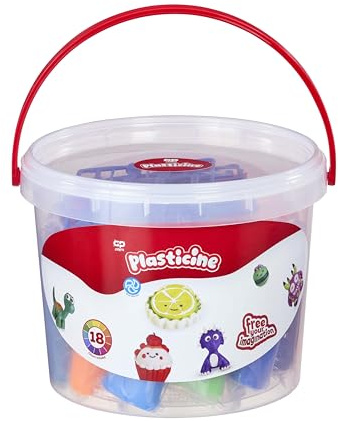 Plasticine Juego de cubos grandes – 12 barras de amasar con herramientas e instrucciones (idioma español no garantizado) en un cubo de transporte resistente – Kit de manualidades reutilizable y limpio