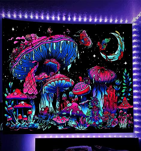 TUGCAY Blacklight Mushroom Tapestry, Glow In The Dark Black Light Plant Tapestry Fantasy UV Reactive Mushroom Butterfly Moon Tapestries Posters Wall Hanging for Bedroom Dorm Decor(30x40)