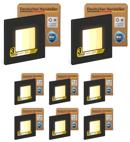 ledscom.de Luminaire d'escalier/encastré mural FEMA à 8 LED pour l'intérieur et l'extérieur, carré, noir, 80 x 80 mm, blanc chaud