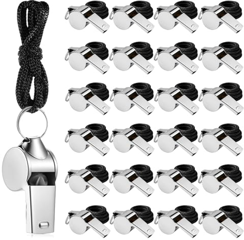 Pyralidsg 24 Pièces Sifflets Set, Inoxydable Sifflet Arbitre avec Cordon, Son Fort et Net du Sifflet de Survie, Whistle pour Enseignant Arbitre Maître-Nageur Entraînement
