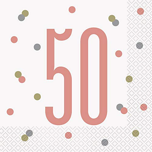 Unique Party 84884 50th Birthday Lunch Paper Napkins - 6.5 x 6.5 | Glittery Rosegold | 16 Pcs, Rose Gold, Age 50