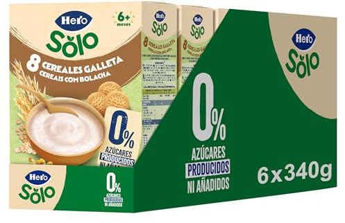 Hero Solo Papilla 8 Cereales con Galleta, Sin Azúcares Añadidos, Rica en Fibra y Vitaminas, Sabor Natural para Bebés, a partir de 6 meses