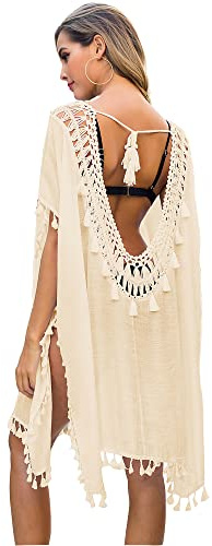 MIXIDON Femmes Robe de Plage Col en V Bikini Cover Ups Gland Maillots de Bain Cover Up Bohème Sexy Crochet Blouse d'Été Copricostumi Lâche Solide