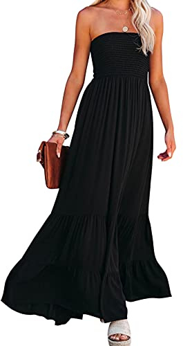R.Vivimos Estate Donna Senza Spalline Bandeau Shirred Boho Maxi Vestito Abito Lungo da Spiaggia(M,Black#2)