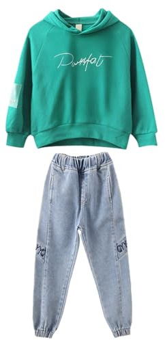 amropi Mädchen Trainingsanzug Sweatshirt mit Kapuze und Jeanshose 2-teiliges Set für 3-15 Jahre, grün, 9-10 Jahre